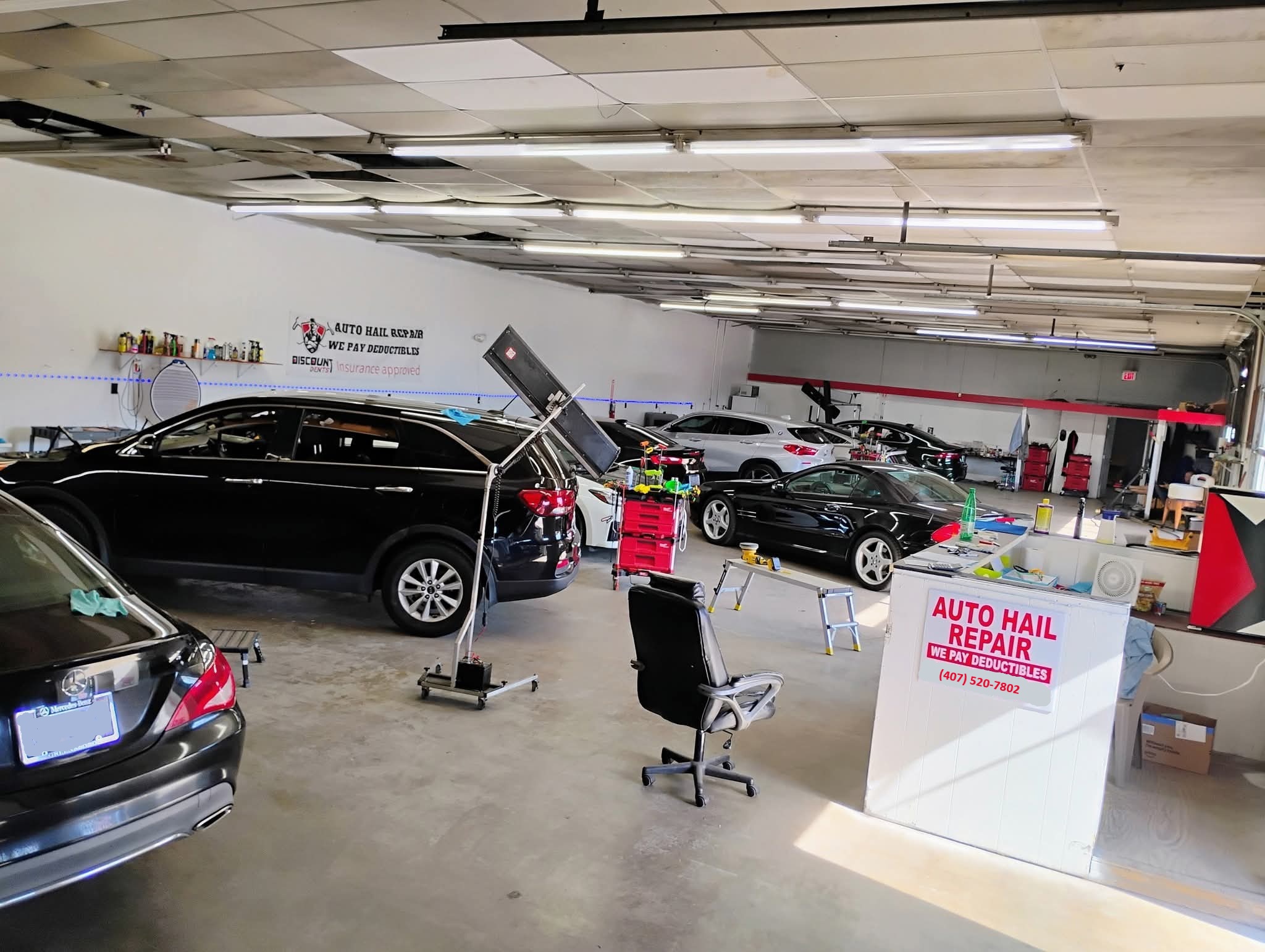 Inside view of dent removal and paintless dent repair work